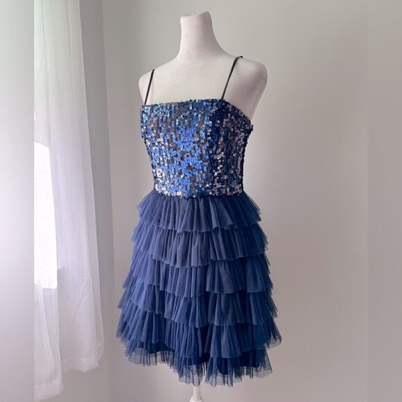 Vintage Y2K dELiA*s Dark Blue Sequined Spaghetti Strap Tiered Mini Dress - Picture 1 of 8